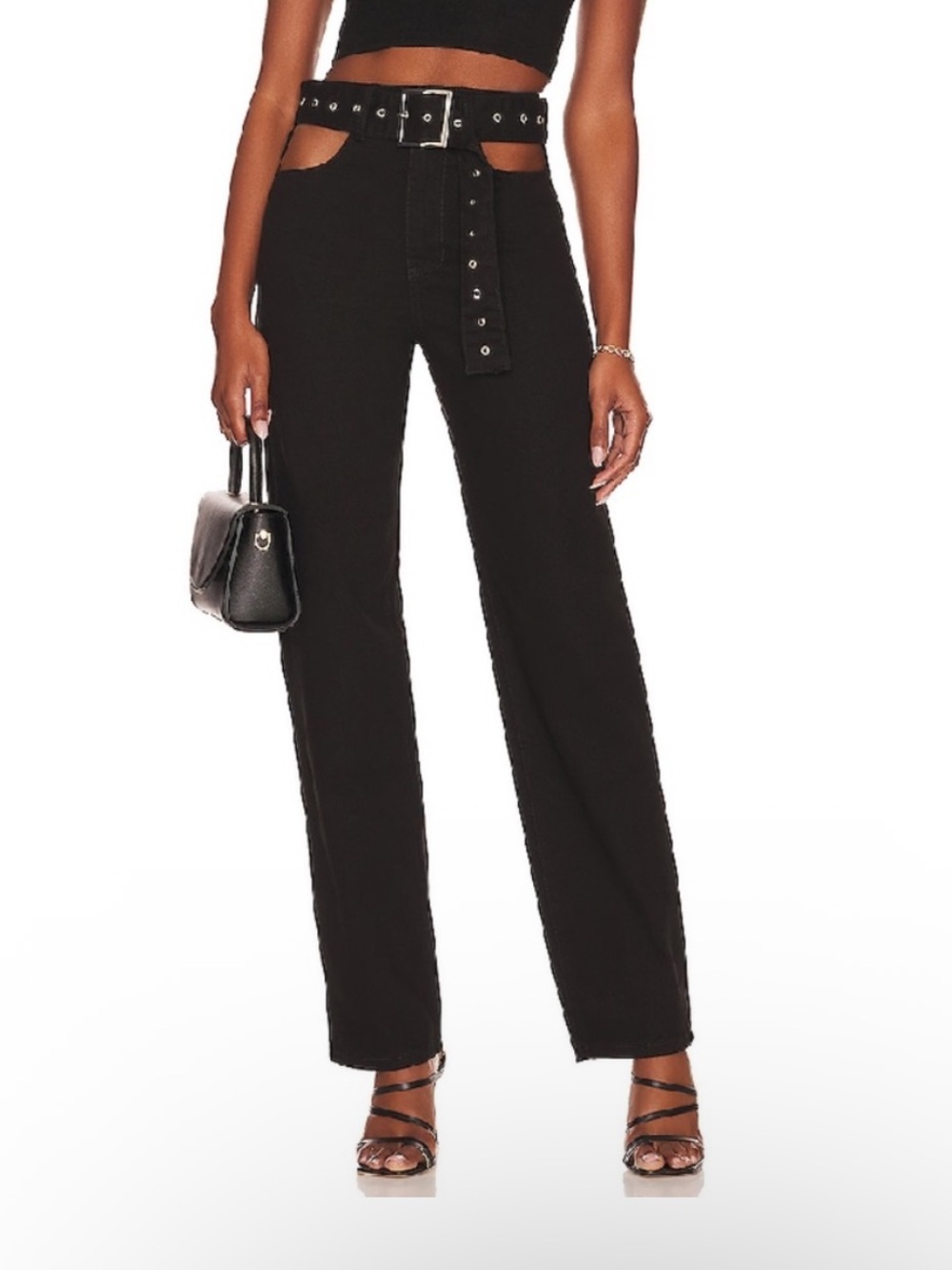 WeWoreWhat Cutout Straight Belted Black Jeans